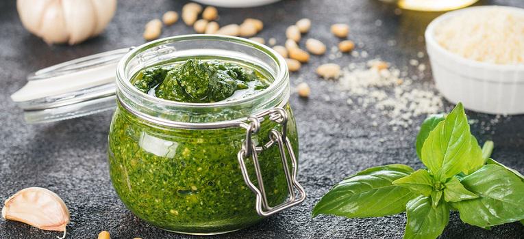 jar of vegan pesto made with nutritional yeast