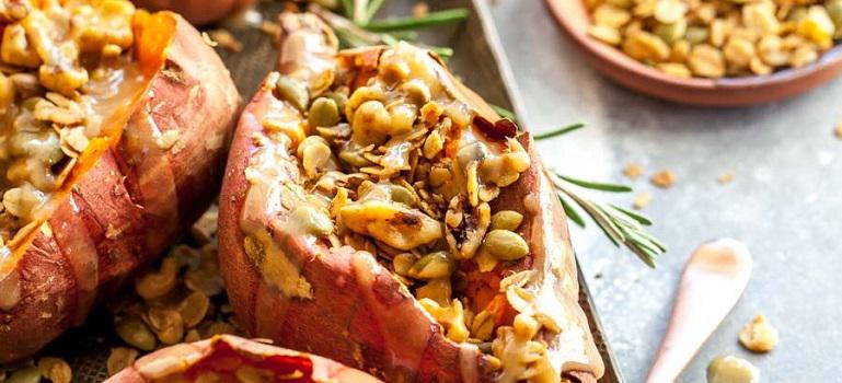 Granola Stuffed Sweet Potatoes with Maple Tahini Butter