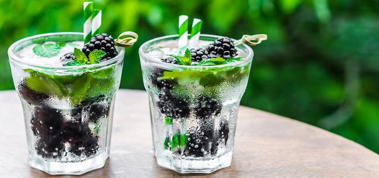 Two glasses of sparkle water with blackberries and min