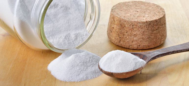Close-up of baking soda in a glass jar